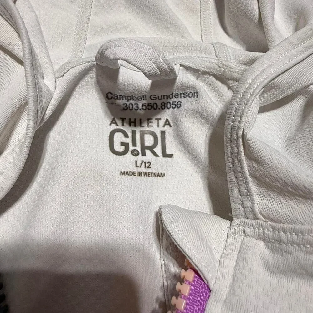 Athleta Girl White Full Zip‎ Hooded Sweatshirt Size L 12